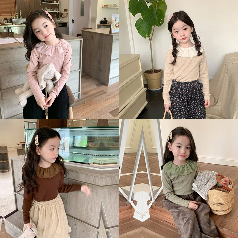 Girls' Soft Cashmere Sunken Stripe Lace Collar Bottoming Shirt A comfortable and stylish base layer for girls, perfect f