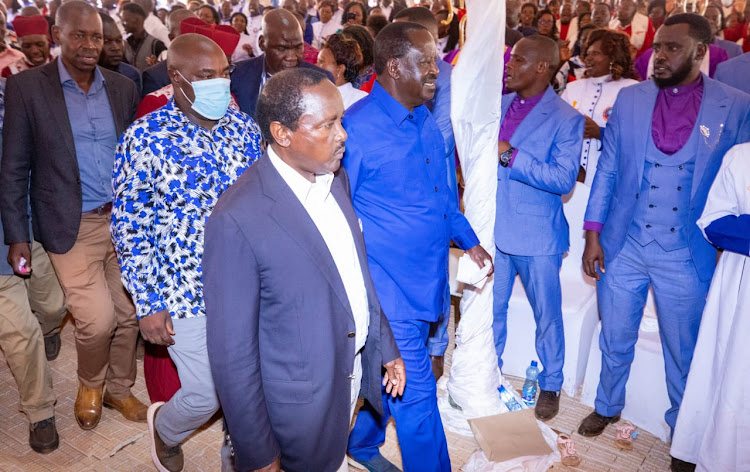 Wiper leader, Kalonzo Musyoka and ODM, Leader, Raila Odinga at Kwa Muthusi centre where they attended the ordination of 10 ATG bishops on Saturday April 9, 2022