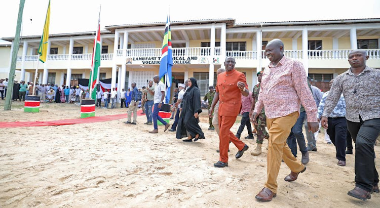 President William Ruto accompanied by other leaders during the opening of the Lamu East Technical and Vocational College on November 4, 2023.