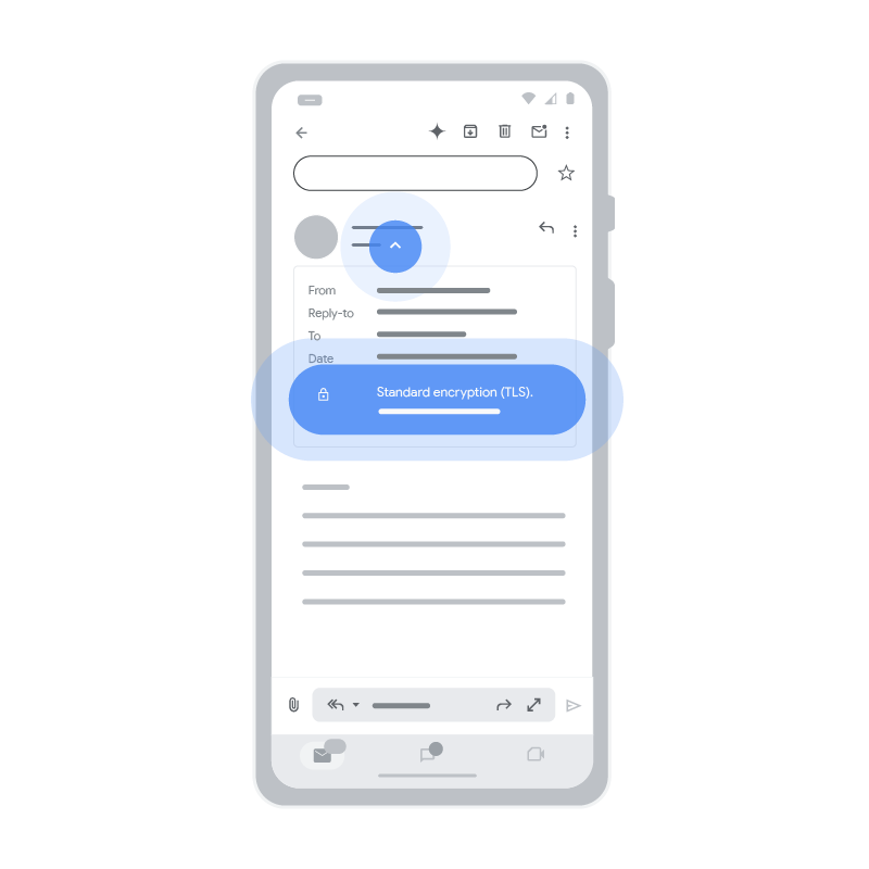 Image statique qui indique où trouver les informations relatives à la sécurité dans un e-mail que vous recevez. Dans l'image, après qu'un utilisateur a appuyé sur la flèche, des informations supplémentaires sur l'e-mail s'affichent, y compris le type de sécurité utilisé.