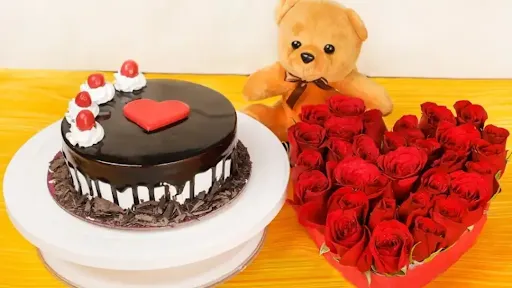 Black Forest Cake With 1 Teddy Bear [Cut And Small] And 15 Heart Shape Rose