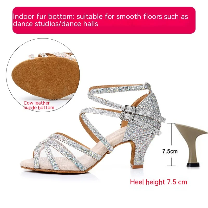 Diamanten Latin dansschoenen dames Professionele danssandalen Zachte zool Halve hak binnenschoenen voor dans