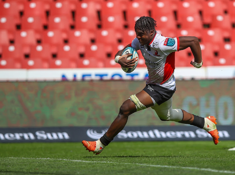 Emmanuel Tshituka of the Emirates Lions on his way to score his try during the United Rugby Championship match between Emirates Lions and Scarlets at Emirates Airline Park in Johannesburg, December 4 2022. Picture: GORDON ARONS/GALLO IMAGES