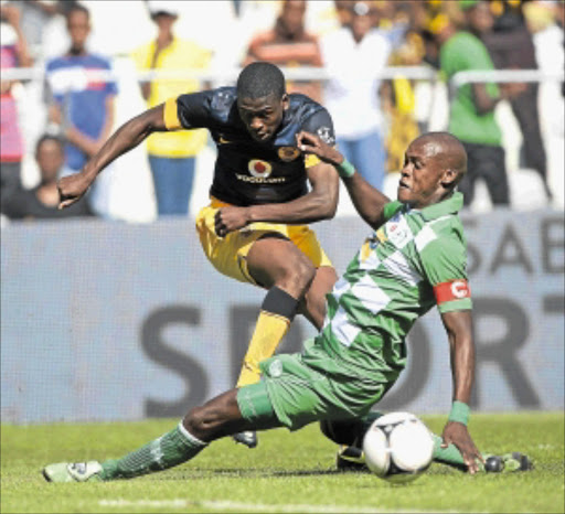 ROADBLOCK: Kgotso Moleko, left, of Kaizer Chiefs during the Macufe Cup match between his team and Bloemfontein Celtic at the Free State Stadium yesterday. PHOT0: BackpagePix