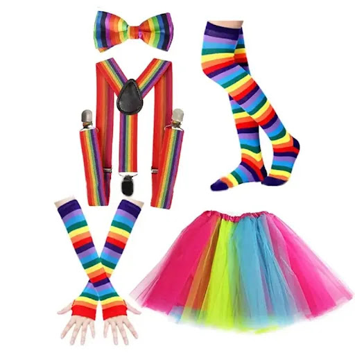 Title 1, Neon Ball Party Outfit featuring rainbow stripe...