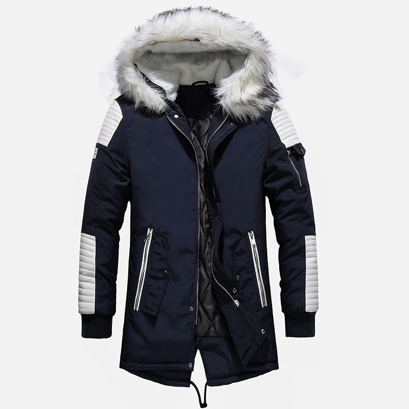 Lange katoenen herenjas met grote bontkraag dikke heren lange katoenen jas perfect voor de winter