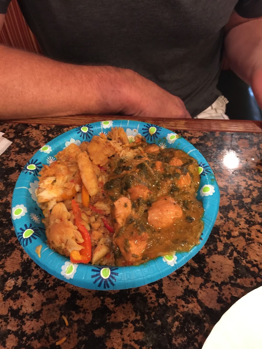 Curry fish and spinach chicken over basmati rice