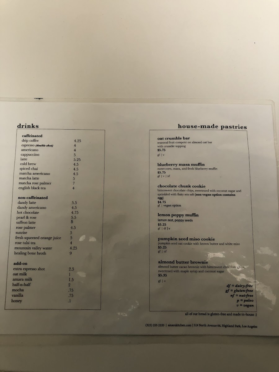 Amara Kitchen gluten-free menu