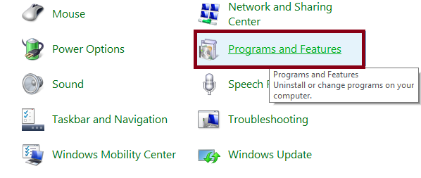 Uninstall program via control panel