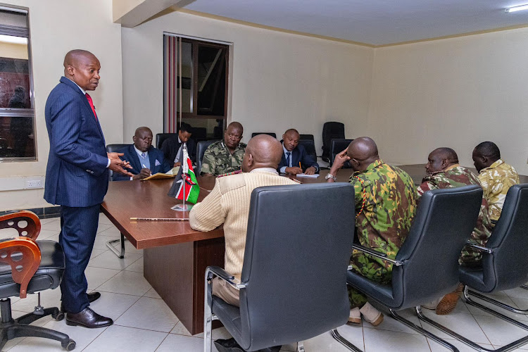 Cabinet Secretary for Interior Kithure Kindiki addressing a meeting attended by security officers in Kiambu County on March 8, 2024