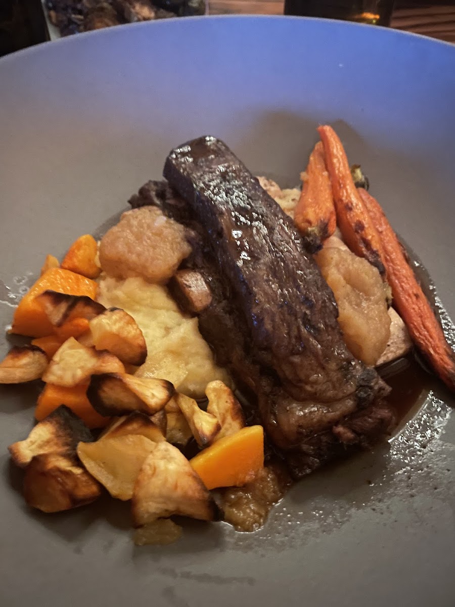 Bison short ribs with yukon mash and roasted veggies