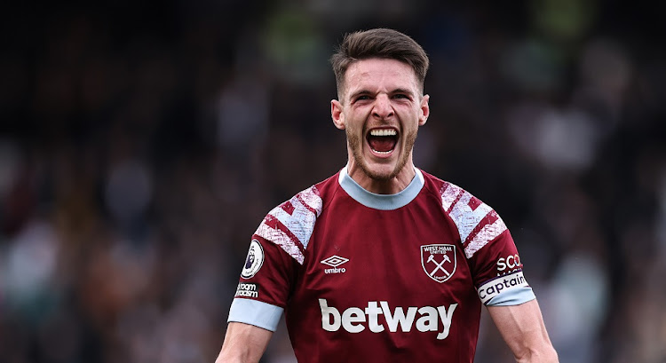 Declan Rice of West Ham United celebrates victory after their Premier League match against Fulham at Craven Cottage in London on April 8 2023.