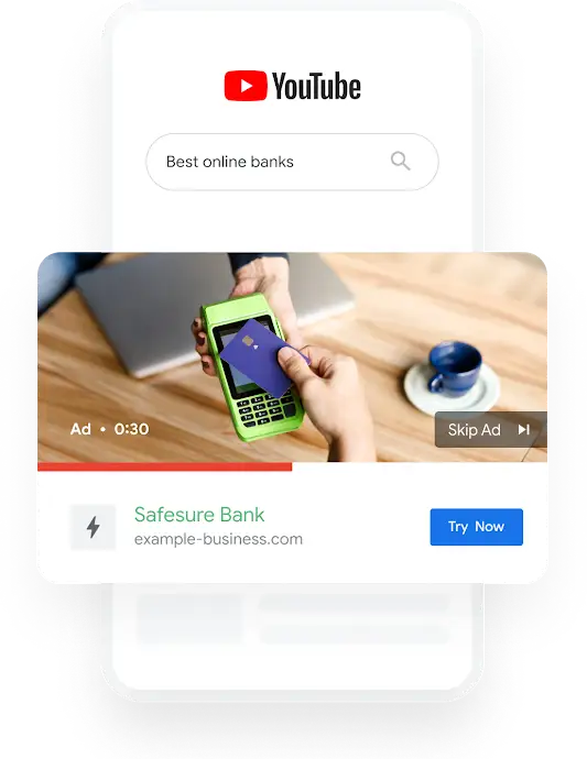 Illustration of a phone shows a YouTube search query for Best Online Banks surfacing a banks video ad.