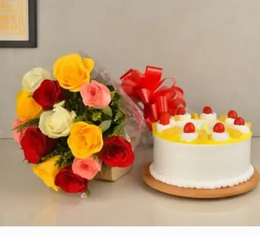 12 Mixed Rose Bunch And Pineapple Cake