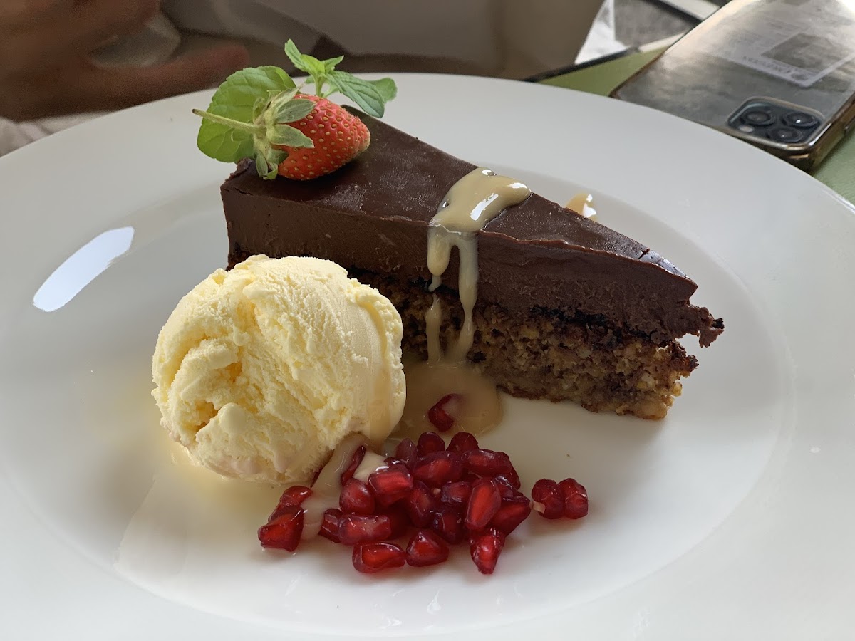 The amazing GF choclate cake. We got it with a scoop of ice cream which is not the usual way it is served.