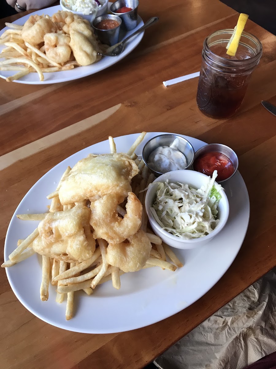 Haddock fish and chips with fries and coleslaw (and two fried shrimp from my husbands plate!)