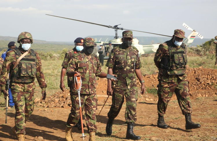 Chief of Defence Forces Robert Kibochi when he visited troops involved in a multi-agency security operation in Laikipia.