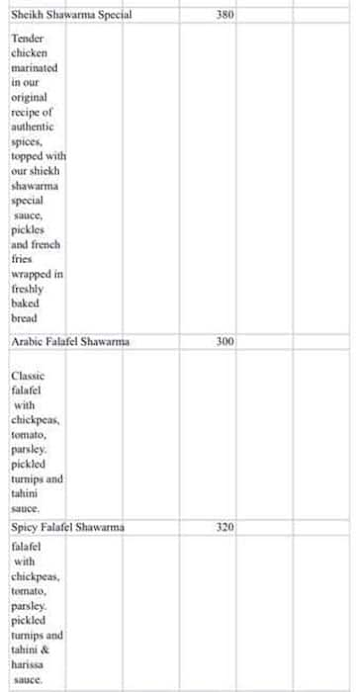 Sheikh Shawarma menu 