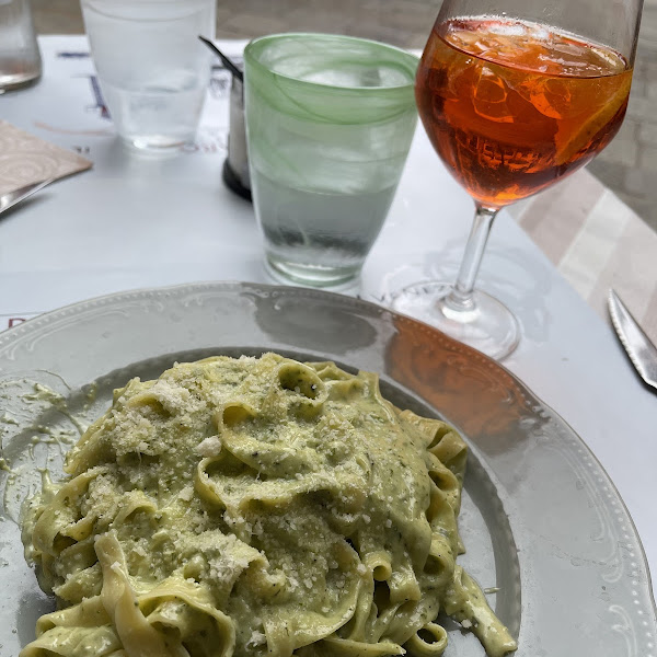 Fresh gluten free pasta with Aperol spritz