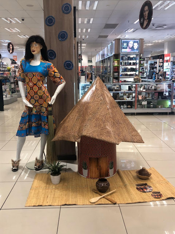 An installation outside Dischem at Killarney Mall. The display is said to be part of their "African beauty" themed beauty fair.