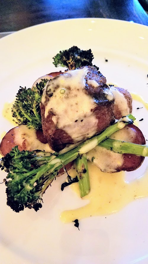 Verdigris dinner option of Grilled 6oz Top Sirloin with Duck Fat Potatoes, Broccoli Rabe, Sauce Bernaise