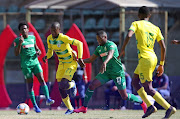  Evidence Makgopa of Baroka challenged by Mbongeni Gumede of AmaZulu during the Absa Premiership match between AmaZulu FC and Baroka FC at Lucas Moripe Stadium on August 15, 2020 in Pretoria, South Africa. 