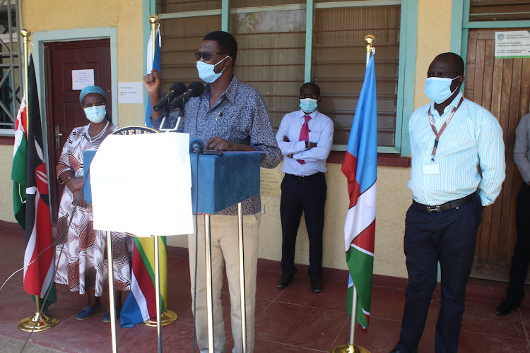 Turkana Deputy Governor Peter Lotethiro at a press briefing at Lodwar.