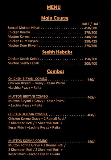 Mughlai Shahi Rasoi menu 