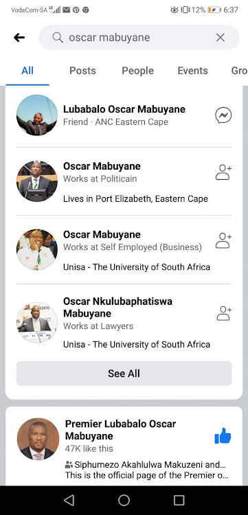 Eastern Cape premier Oscar Mabuyane has slammed the fake accounts.