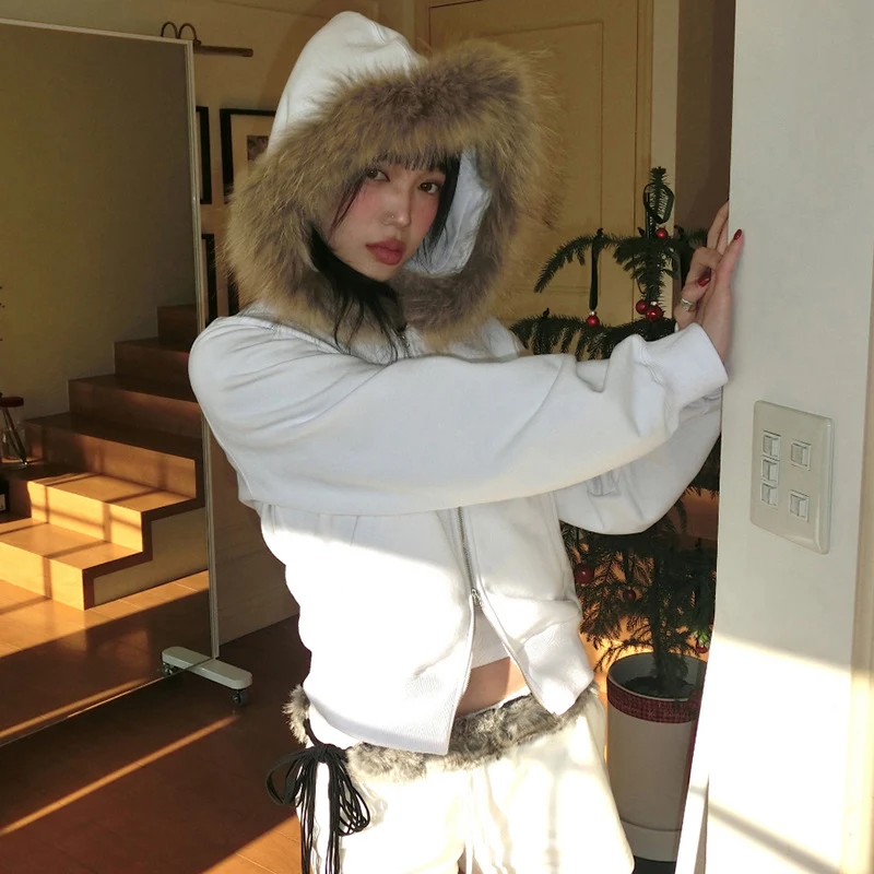 Nouveau Rétro col en fourrure couture pull avec fermeture à glissière Cardigan