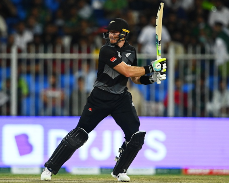 Martin Guptill of New Zealand plays a shot during the T20 World Cup match against Pakistan at Sharjah Cricket Stadium on October 26, 2021