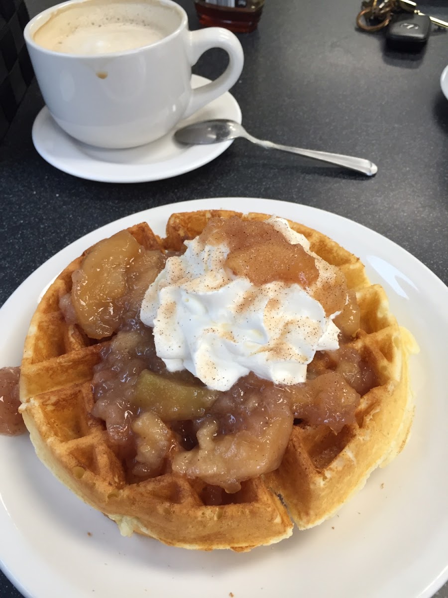 Apple pie waffle and latte. The waffle is made with homemade yogurt and homegrown apples.