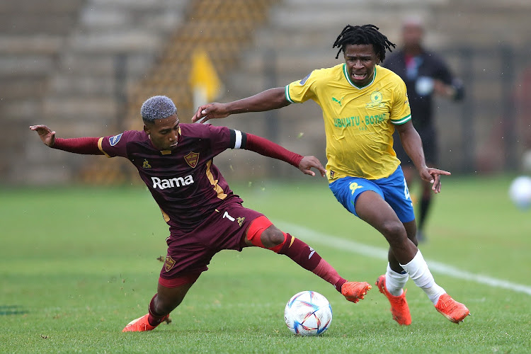 Stellenbosch FC captain Deano van Rooyen tackles Mamelodi Sundowns' Terrence Mashego in the DStv Premiership match at Danie Craven Stadium in Stellenbosch on March 5 2023.