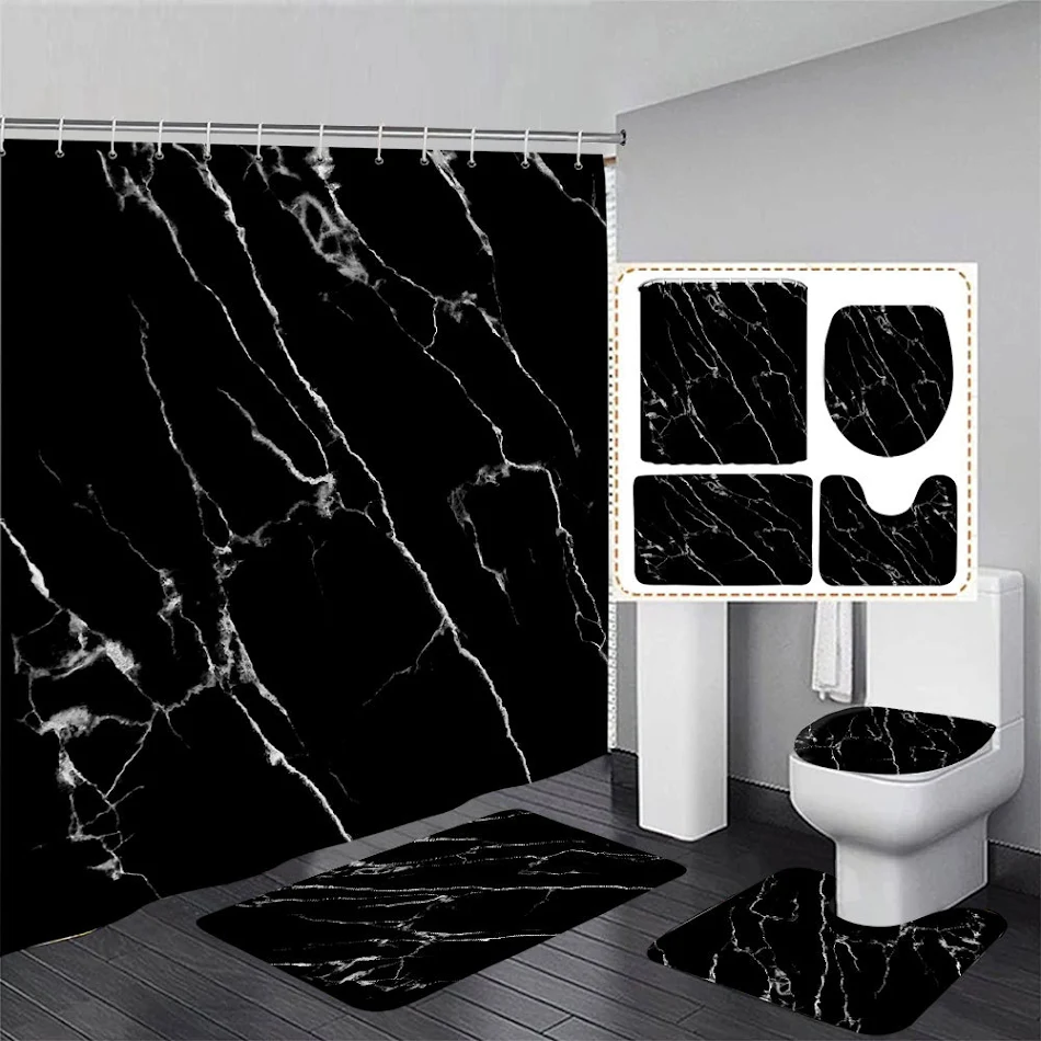 Grijs gouden barst marmer douchegordijnset modern creatief textuur toilet drieledig vloermat.