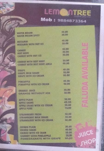 Lemon Tree Juice Shop menu 