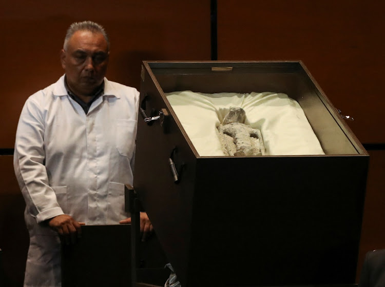 Remains of an allegedly 'non-human' being is seen on display during a briefing on unidentified flying objects, known as UFOs, at the San Lazaro legislative palace, in Mexico City, Mexico September 12, 2023. REUTERS/Henry Romero
