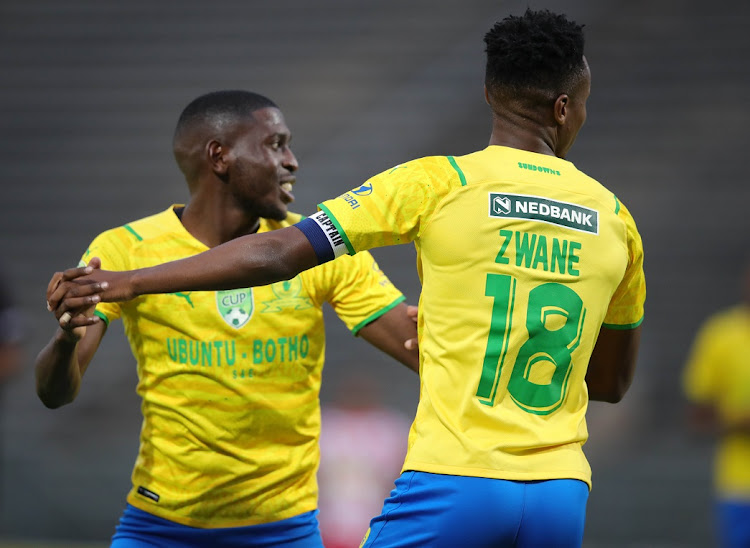 Themba Zwane and Maphosa Modiba celebrate one of Mamelodi Sundowns' goals in their Nedbank Cup last-16 match against Mathaithai at Lucas Moripe Stadium in Pretoria on March 8 2022.