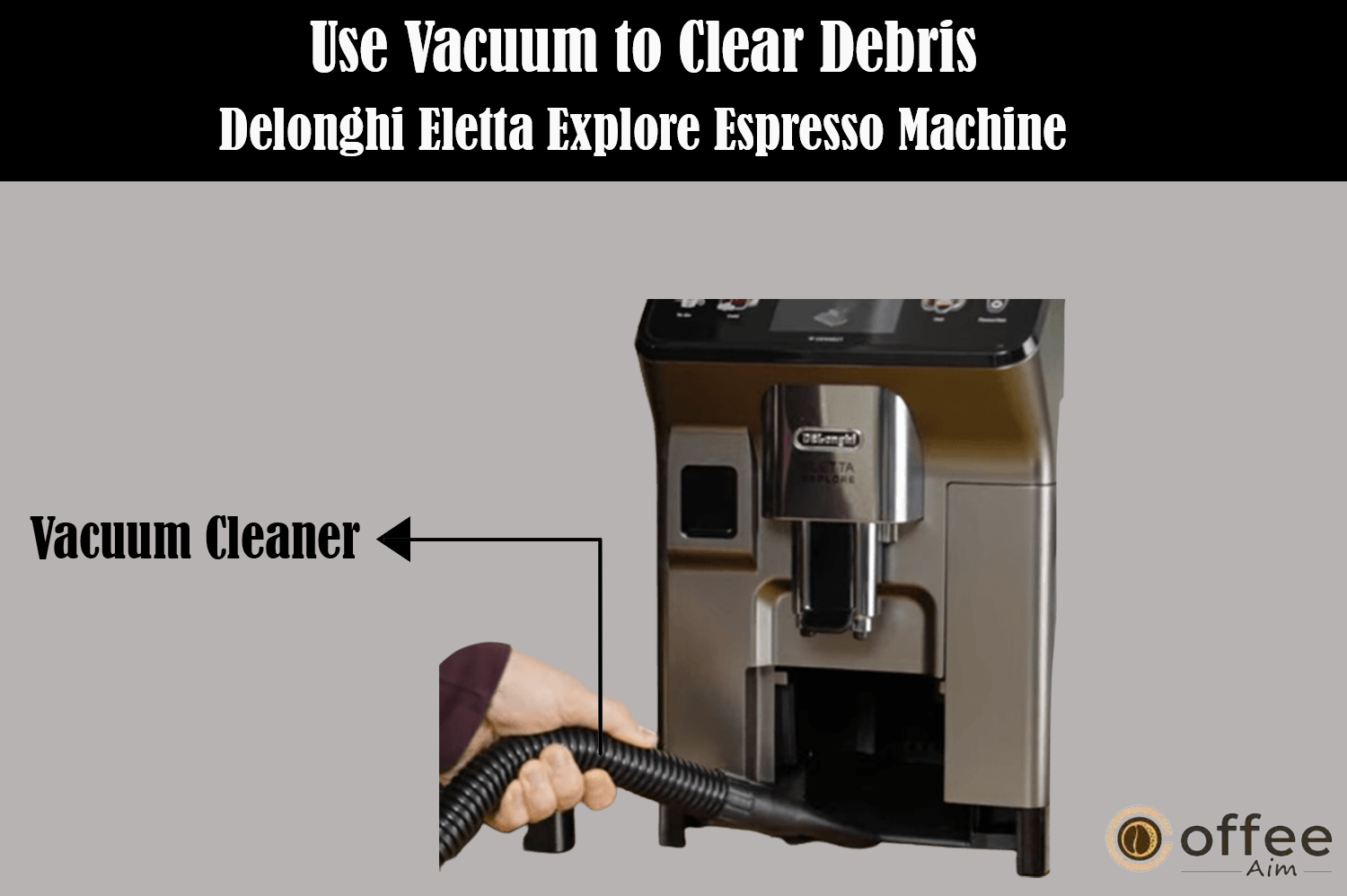 The image demonstrates using a vacuum to clean the debris from the "Delonghi Eletta Explore Espresso Machine," a recommended maintenance step outlined in the article "How to Use the Delonghi Eletta Explore Espresso Machine."