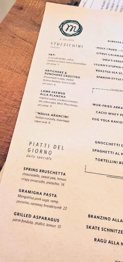 A Dinner at Monteverde in Chicago, dinner menu on April 30