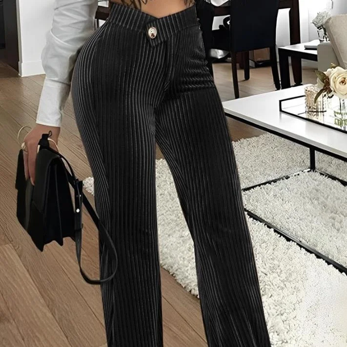 Gouden fluwelen gestreepte casual damesbroek voor een stijlvolle look. Comfortabele broek voor dagelijks gebruik, perfect voor een relaxte en toch modieuze uitstraling.