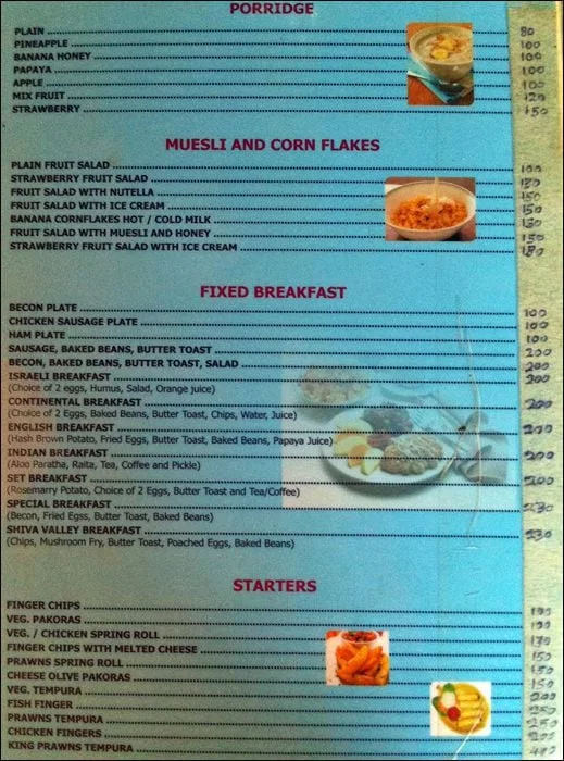 Shiva Valley menu 