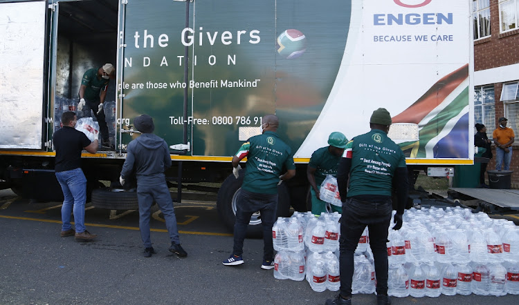 Gift of the givers truck offloading water at Jubilee District Hospital in Hammanskraal north of Pretoria.
