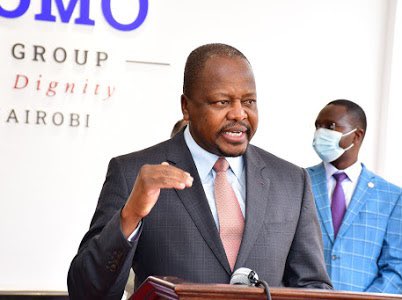 Health CS Mutahi Kagwe speaking during a site visit of the Chiromo Hospital Group in Nairobi on July 19, 2021.