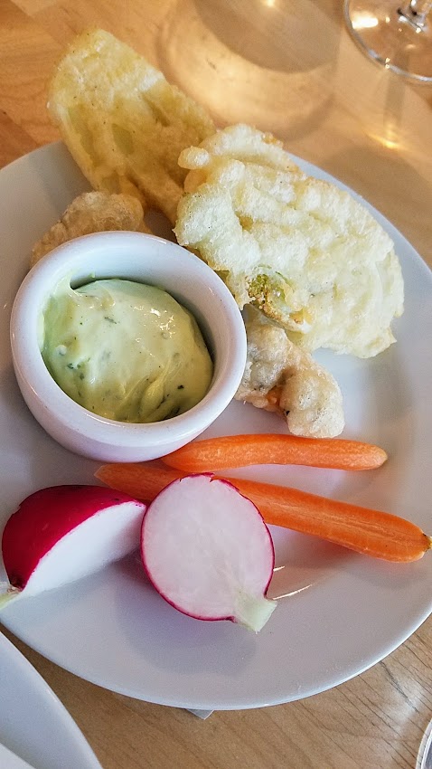 Meadlowlark Portland Dinner No #30 April 22, 2018 All the dinners of this pop up supper club for social justice always benefit a cause and the food and drink emphasize rustic, handcrafted cuisine and local ingredients. Starter of Piccolo Fritto Misto with lovage aioli