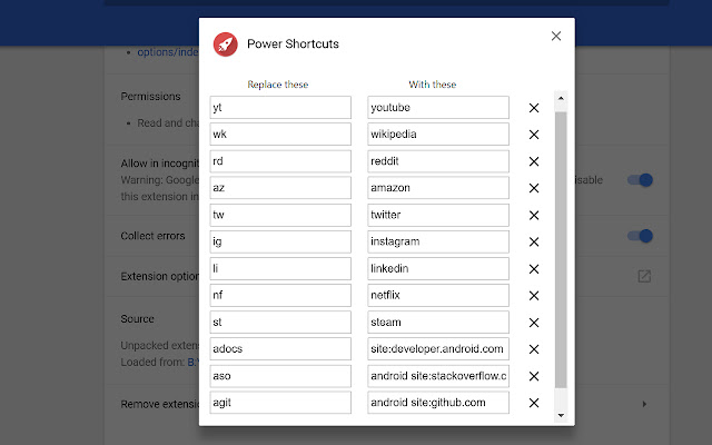 Power Shortcuts chrome extension