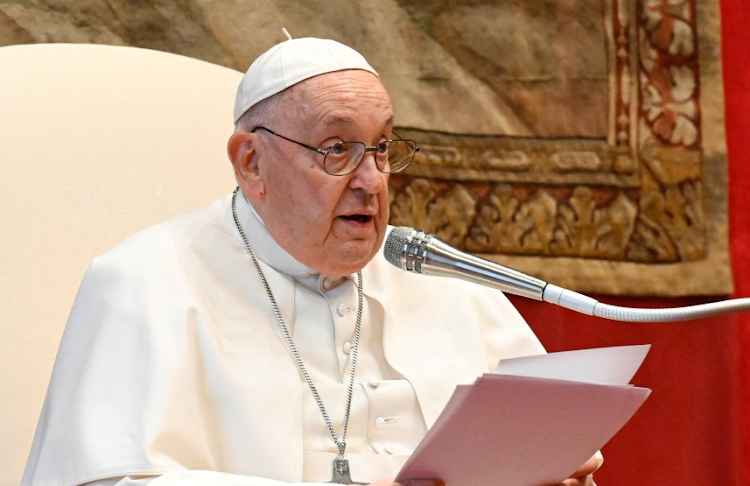 Pope Francis delivers his yearly address to the diplomatic corps accredited to the Vatican, sometimes called his "State of the World" address, at the Vatican on January 8 2024. Picture: VATICAN MEDIA/SIMONE RISOLUTI/­HANDOUT via REUTERS