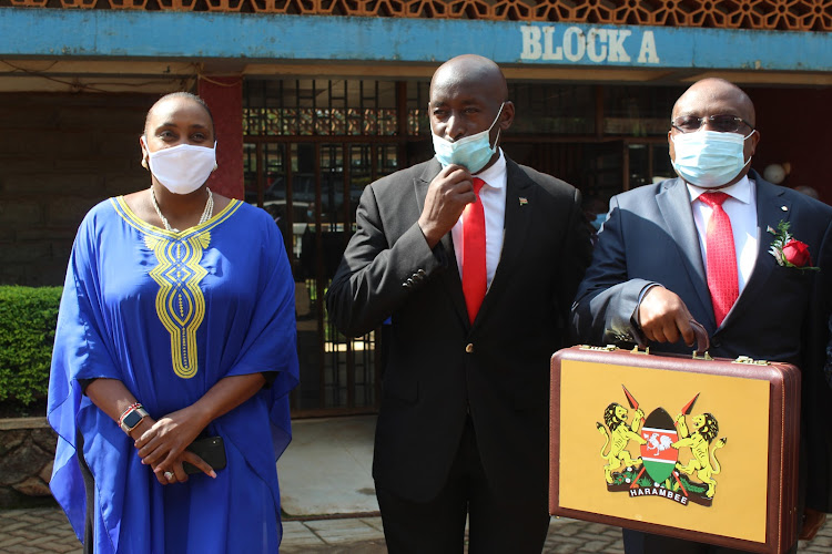 Nyeri deputy governor Caroline Karugu, Chinga MCA Kiruga Thuku and Finance CEC Robert Thuo during the budget reading on Thursday