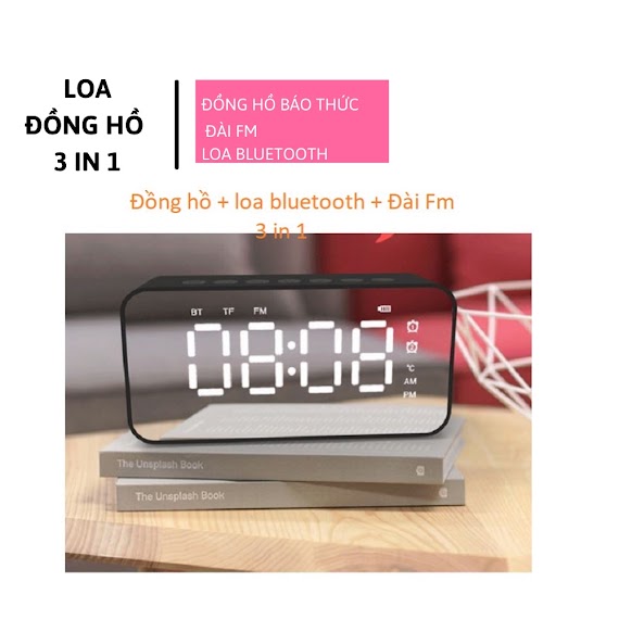 Loa Bluetooth Kiêm Đồng Hồ Báo Thức Man Hinh Trang Gương Hiển Thị Đèn Led Nghe Đài Fm Radio