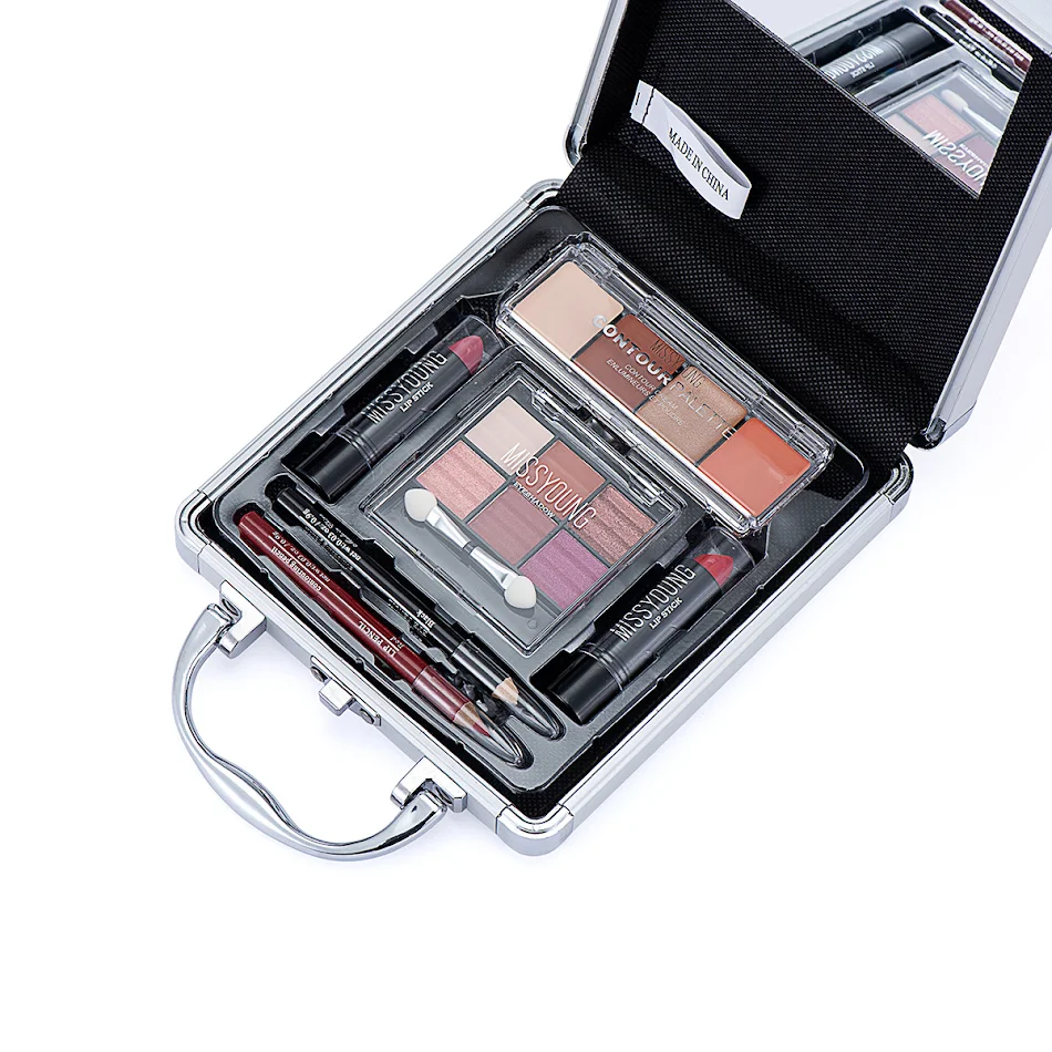 Paleta de sombras, balm para contorno, batom e conjunto cosmético completo. Maquiagem impecável que define, realça e colore olhos e rosto.