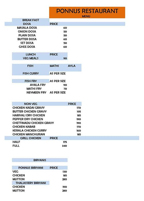 Ponnus Family Restaurant menu 